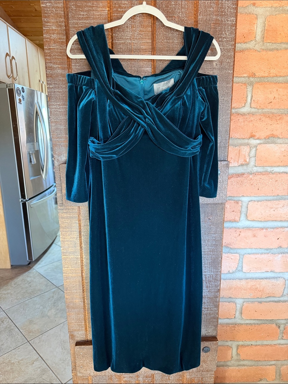 THEIA size 10 midi dress teal green velvet cold shoulder formal evening event